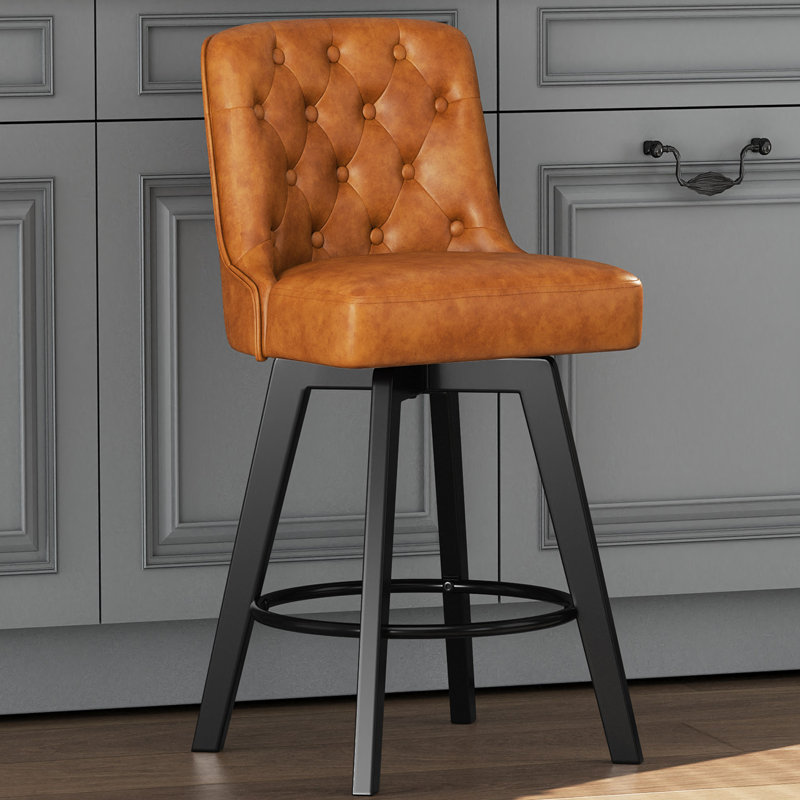 Swivel Upholstered 30'' Counter Stool Wood Leg, Brown, Bar Stool (30" Seat Height), 1