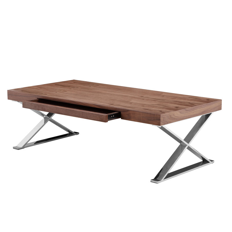 Pangea Home Alexa Cross Legs Modern Coffee Table with Storage - High Gloss or Wood Veneer Rectangular Coffee Table with Steel Metal Legs, Contemporary Living Room Centerpiece