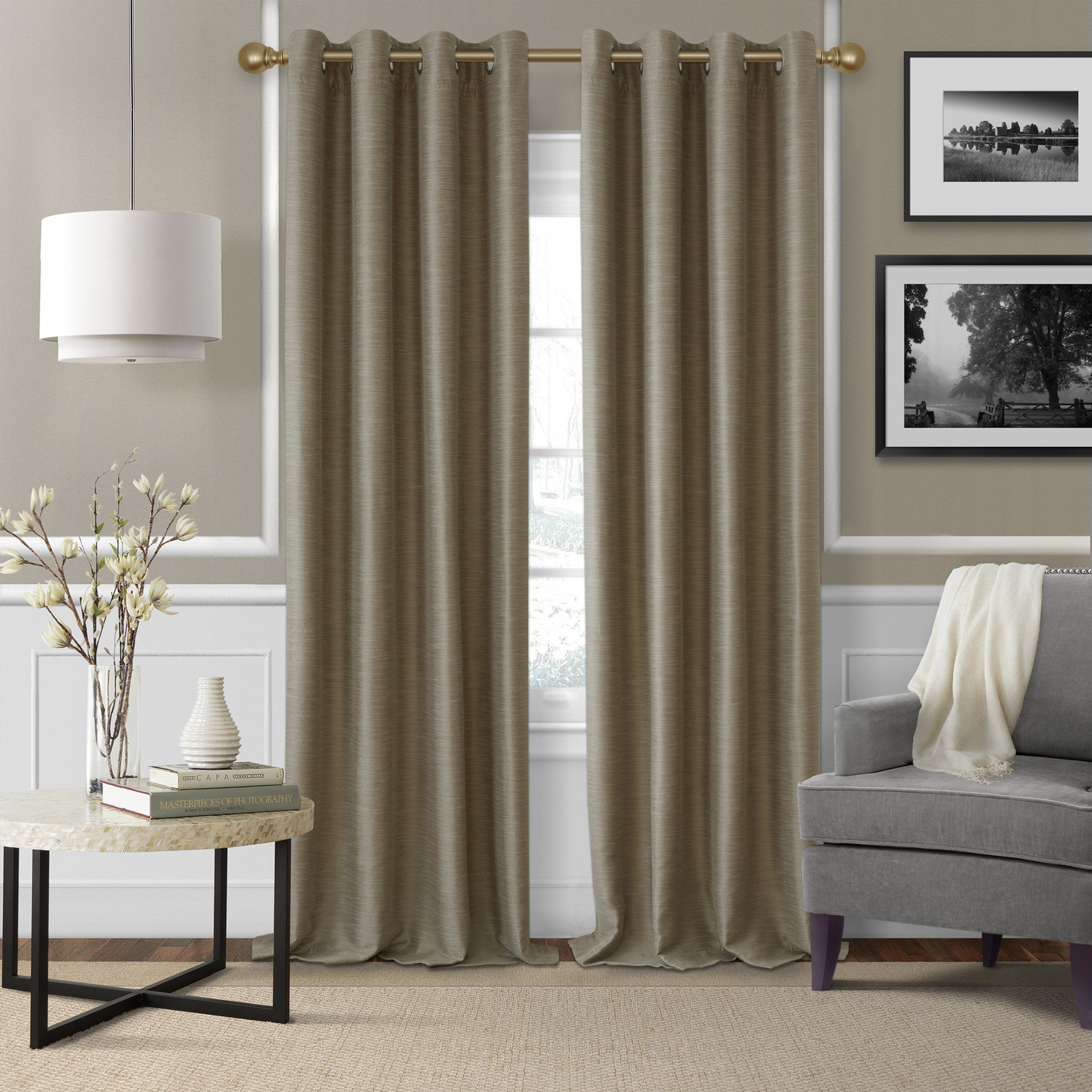Darion Adjustable Single Curtain Rod with Globe Ball Finial, 2.5" H x 48" W x 5" D, Soft Gold