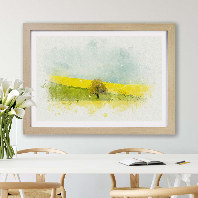 Lone Tree in a Yellow Meadow - Framed Print, 33cm H x 45cm W x 2cm D, Oak