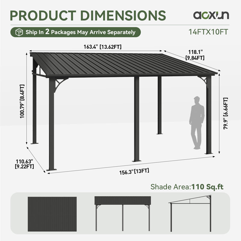 14 Ft. W X 10 Ft. D Hardtop Pergola With Galvanized Steel Sloping Roof, 100" H x 168' W x 120" D 