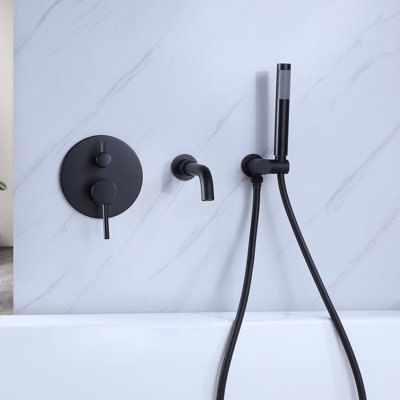 2 Handles Matte Black Tub Shower Faucet - Solid Brass, -Balanced, Rust-, Handheld Shower, Gpm, Nickel , Includes Mounting Nuts And Bolts With 2 Wall Mount Brass Construction, Rust , 59" Hose Hand
