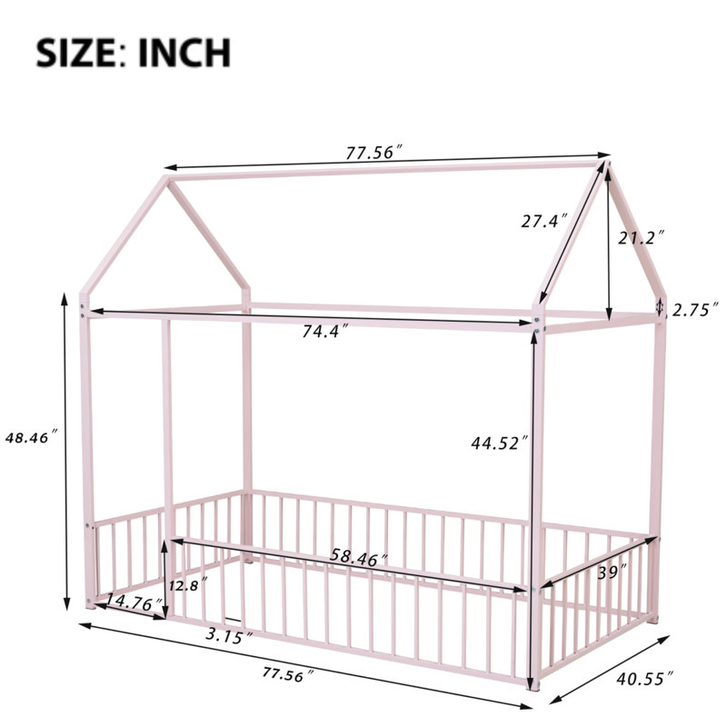 Structure de lit simple en métal avec clôture, pour enfants, adolescents, Rose