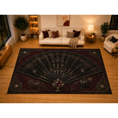 "Ultra Light Weight" Large 6'7" x 9'10" Victorian Folding Fan Gothic Area Rug for Living Room Bedroom Dining Area, Soft Low Pile Non-Slip Backing, Burgundy Black Spider Decor