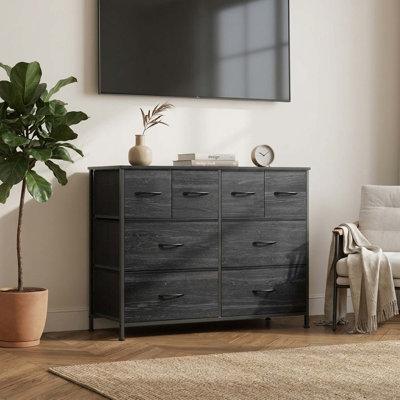 Commode 8 tiroirs en tissu avec dessus en grain de bois pour le salon, placard, noir anthracite