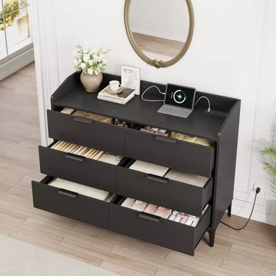 Commode 6 tiroirs avec prises de courant et ports USB, commode en bois moderne de 47,2 po de largeur pour la chambre à coucher