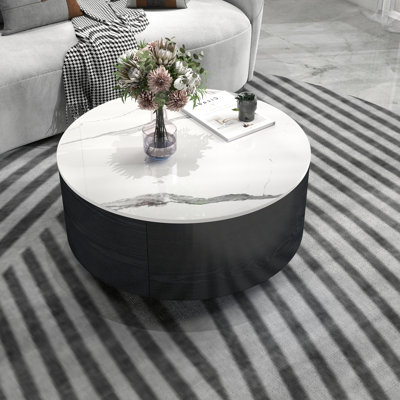 Modern Round Coffee Table with 2 Drawers & Casters, Marble Sintered Stone Top, Compact Design for Small Living Room
