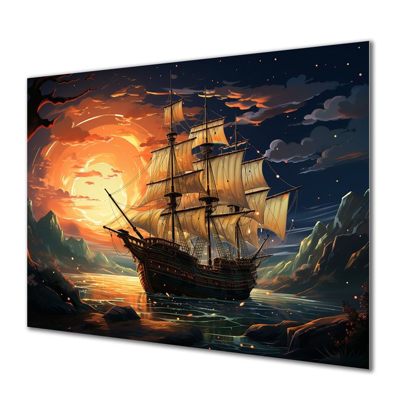 Bateau pirate au milieu de Legacy II - dessin d'art mural en métal, H 16 po x l 32 po x P 1 po