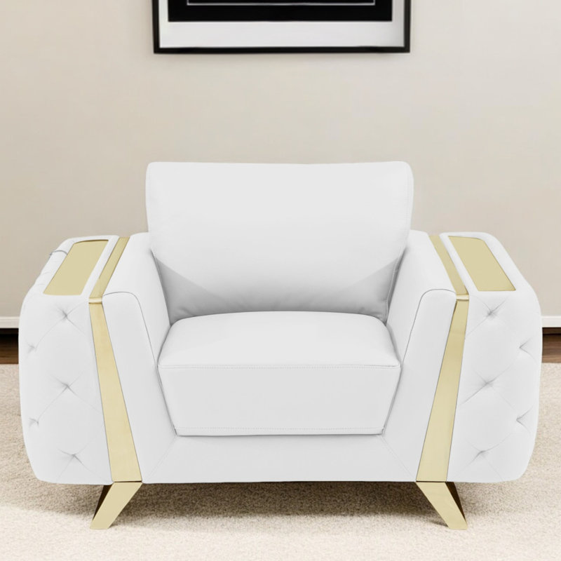 Fauteuil club en cuir véritable blanc Gracie Mills, White, Gold