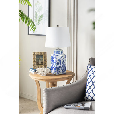 25" Classic Porcelain Vase-Shaped Accent Lamp with Linen Shade, Traditional Decorative Table Lamp for Living Room Bedroom Entryway Office