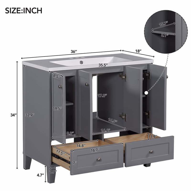 Meuble-lavabo simple 36 po avec plateau Rowenna, Gris