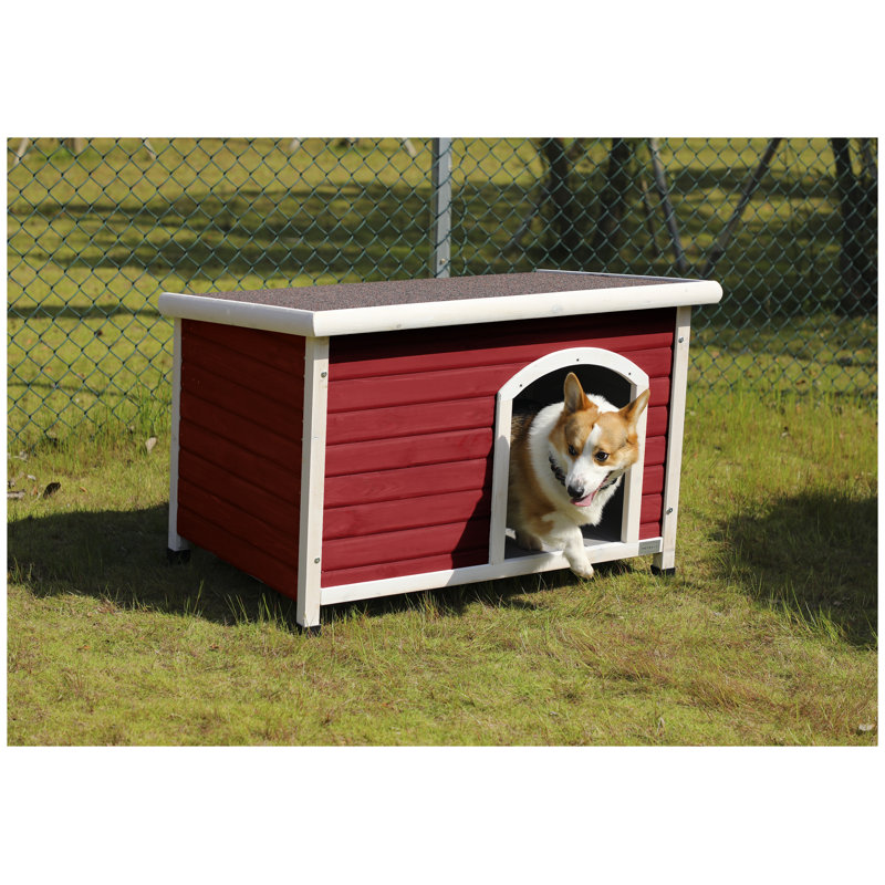 Niche pour chien d'extérieur moyenne en bois avec toit imperméable et plancher surélevé, chenil en bois massif rouge, Rouge