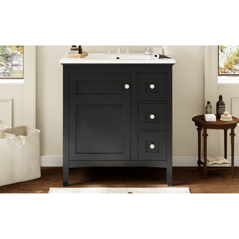 Ensemble de meuble-lavabo 30 po avec lavabo en céramique - meuble-lavabo mural en bois massif noir 3, Noir, Blanc