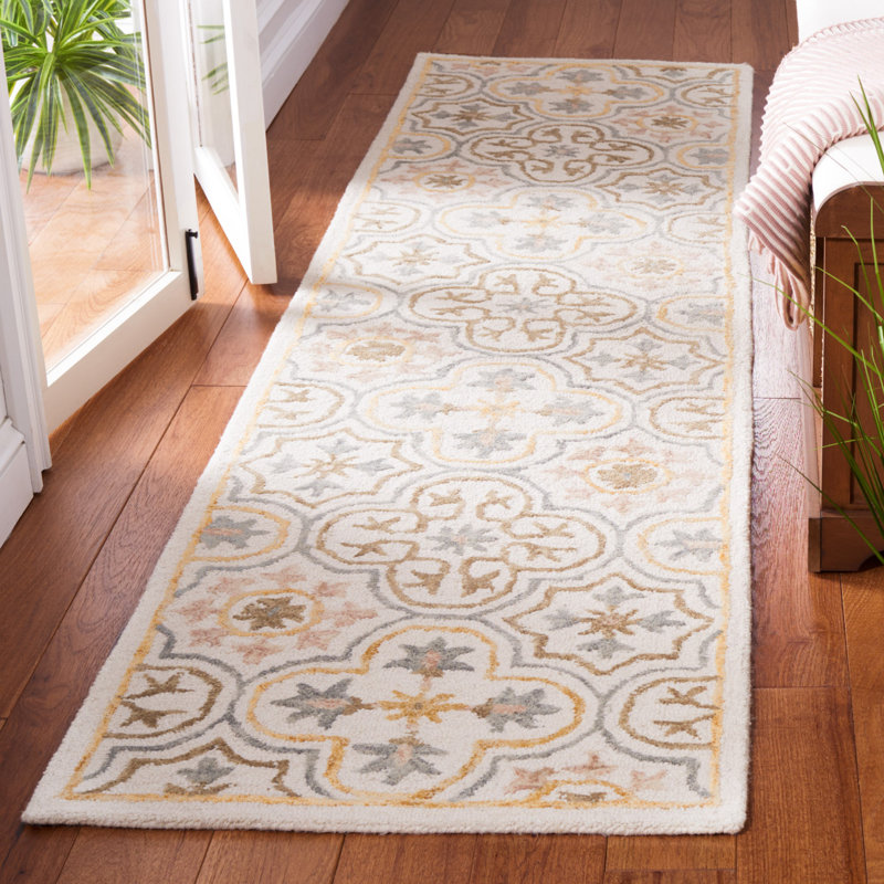 Caleia Micro-Loop Hand Tufted Wool/Cotton Floral Rug in Gray/Orange/Ivory, Runner 2'3" x 9'
