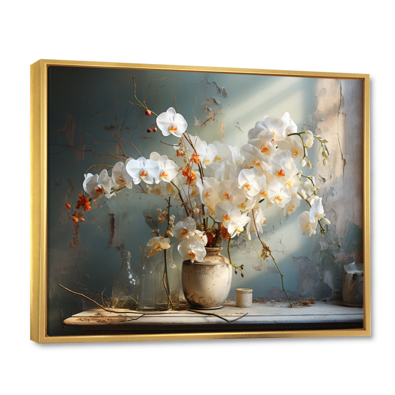«Beige Minimalims Orchids Still Life» sur toile, H 24 po x l 32 po x P 1 po, Cadre flottant doré