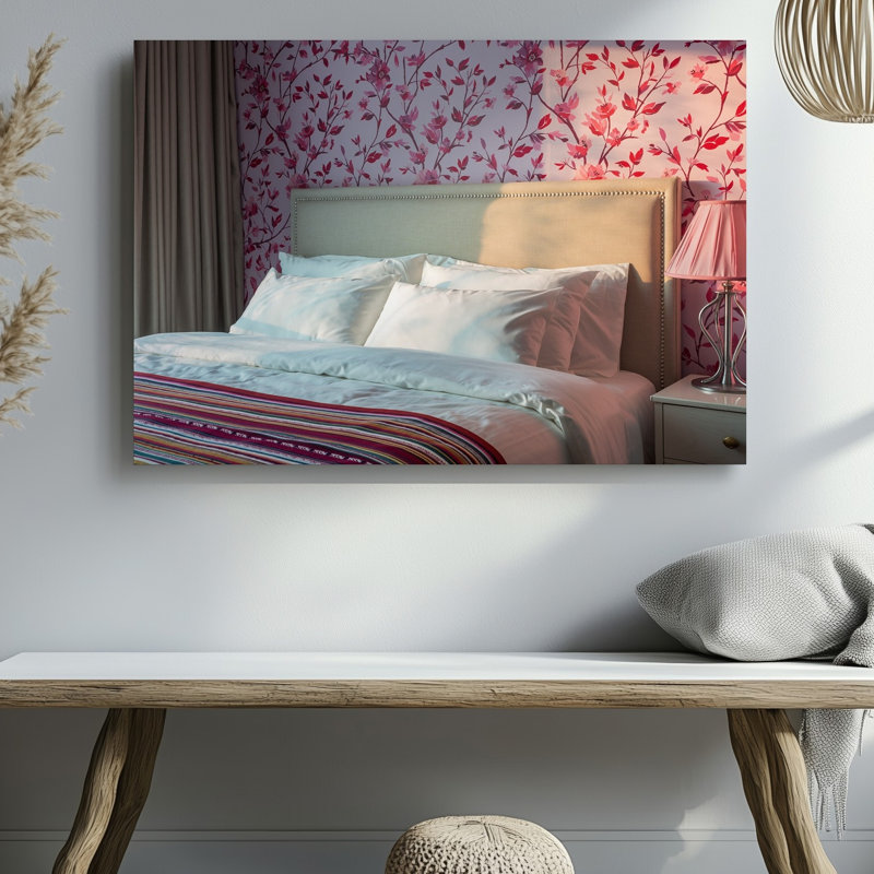 Toile, scène de chambre à coucher douillette avec tête de lit magnifiquement tapissée et art mural, H 9 po x l 12 po