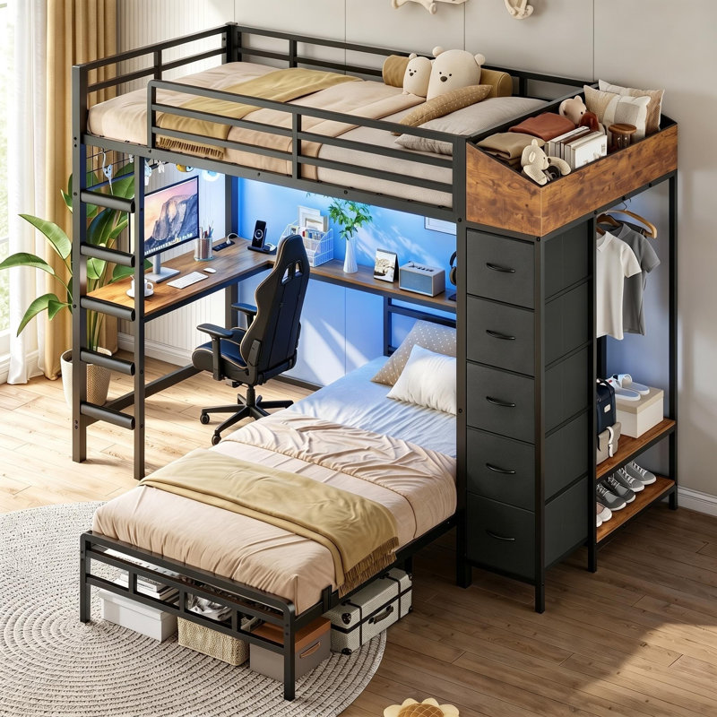 Bunk Bed with Desk and Hall Tree Storage& Charging Station, LED Metal Twin Bunk Beds with 5 Storage Drawers,Under-bed Storage Space,13.4'' Guardrail & Stairs