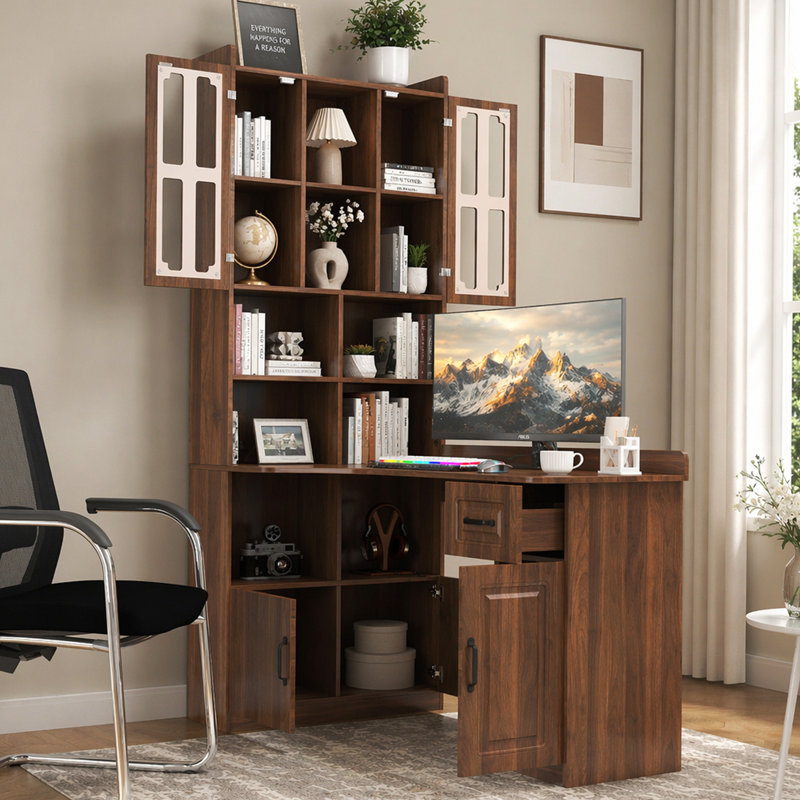Bureau d'ordinateur d'angle en L pour bureau à domicile ou bureau d'étude, table d'étude de style moderne avec tiroirs, bibliothèque et huche, conception en L 2 en 1, grand espace de travail