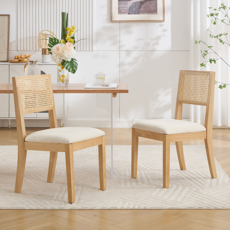  Chaise rembourrée moderne en bois massif avec dossier en rotin, Bois naturel, Beige