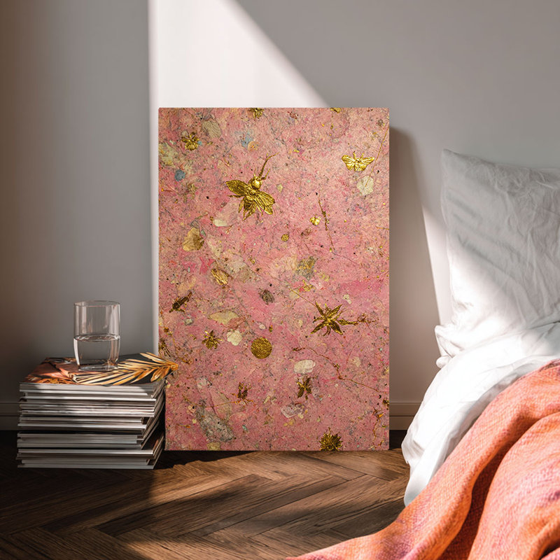 Art texturé sur toile rose, insectes dorés, 12*8 inch (30*20*2cm)