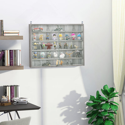 Vitrine à 5 niveaux, vitrine en verre avec 2 portes et tablettes réglables, fixation murale, gris