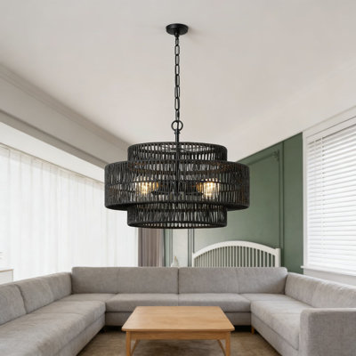 Grand lustre boho en rotin 4 lumières, luminaire suspendu tambour de ferme tissé à la main avec hauteur réglable pour salle à manger, îlot de cuisine, salon, entrée, chambre à coucher