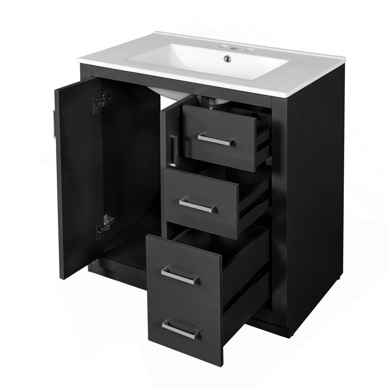 Ensemble de meuble-lavabo 30 po avec lavabo en céramique, armoire de rangement en bois massif, ensemble de meuble-lavabo autoportant avec 3 tiroirs et portes à fermeture douce