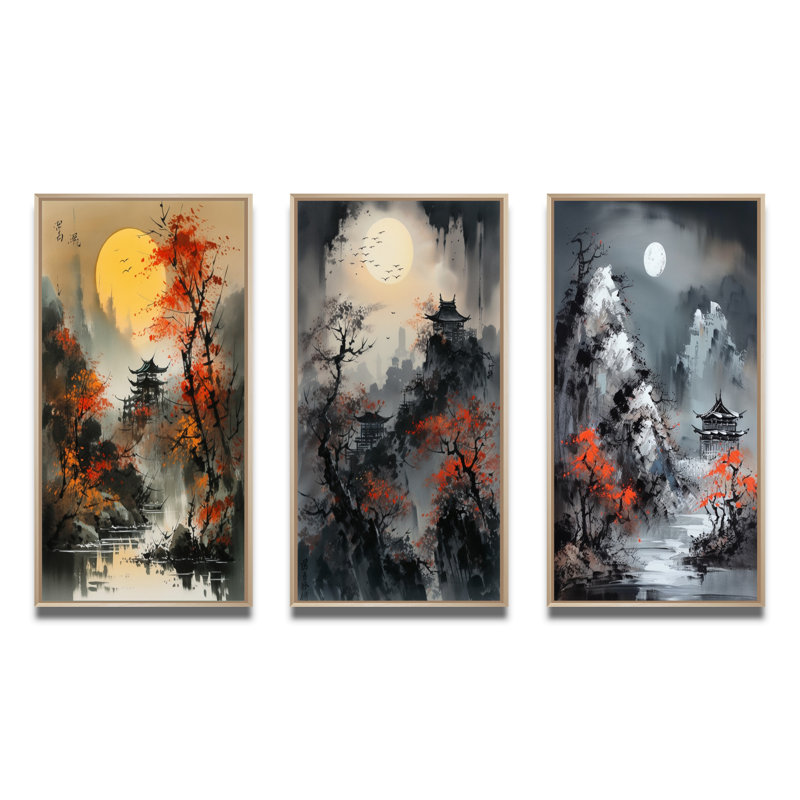 «Red Moonset Raven Cry Japon», 3 pièces sur toile, Cadre naturel flottant, H 28 po x l 36 po