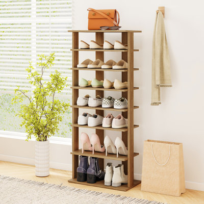 7-Tier Double Rows Shoe Rack Vertical Wooden Shoe Storage Organizer Patented
