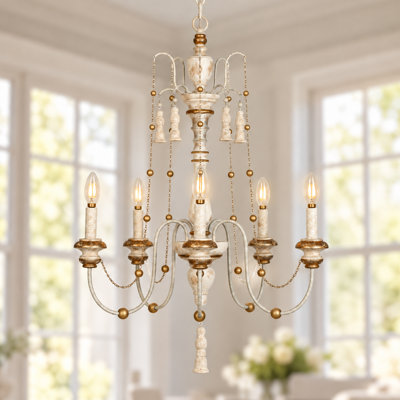  Tim 5 - Light Dimmable French Country Chandelier Vintage Distressed Wood Pendant