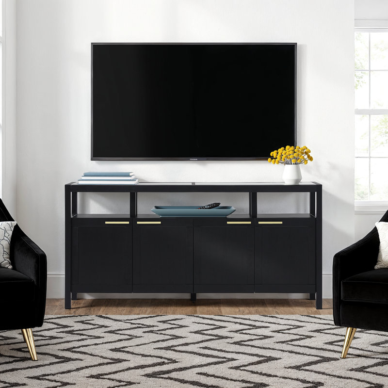 Meuble télé moderne avec plateau en verre, H 27 po x L 58 po x l 16 po, Noir