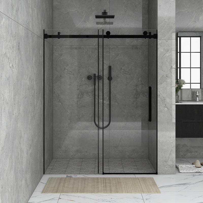 56 à 60 po X P 72 po H Porte de douche coulissante sans cadre au fini noir mat avec verre trempé transparent, Noir mat