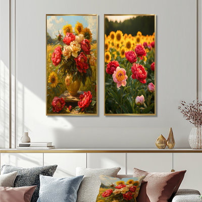 Pivoines par le champ de tournesols I - décoration murale en toile florale 2 panneaux