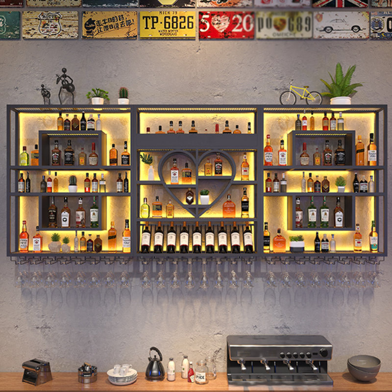 Wall Mounted Shelf Industrial Style Bar Iron Display Shelf (LED Lights Not Included), 49.2" H x 94.4" W x 7.8" D, Black