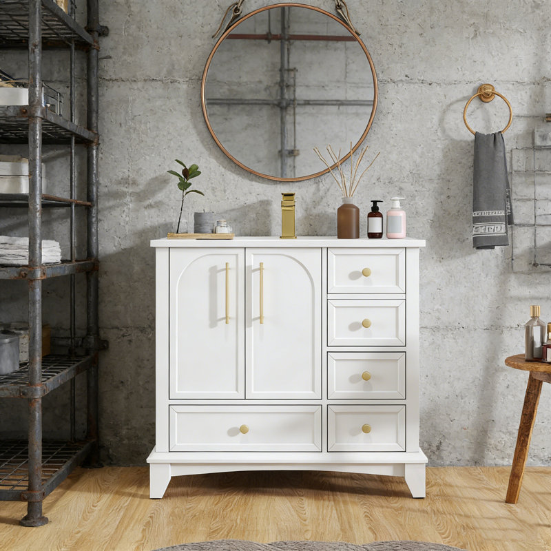 Meuble-lavabo de salle de bain avec lavabo, tiroirs et poignées en métal, Blanc