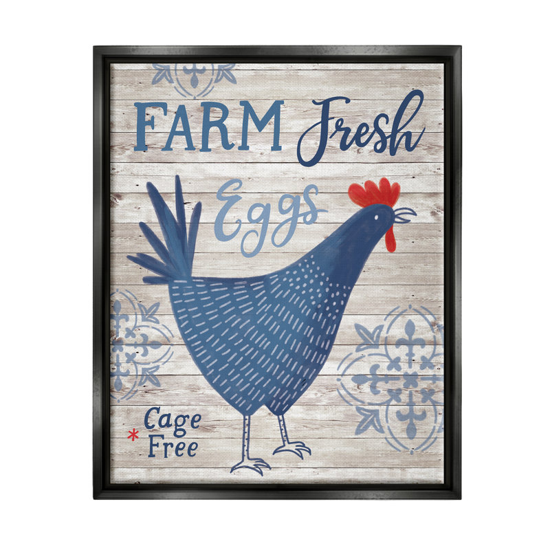«Farm Fresh Eggs Blue Rustic Chicken» par Nina Seven, reproduction sur toile flottante, Cadre flottant noir de jais