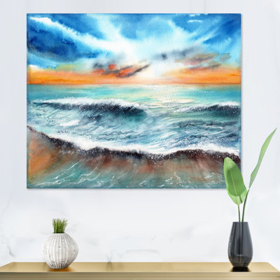 Coucher de soleil sur la mer avec un ciel bleu et orange - reproduction sur toile