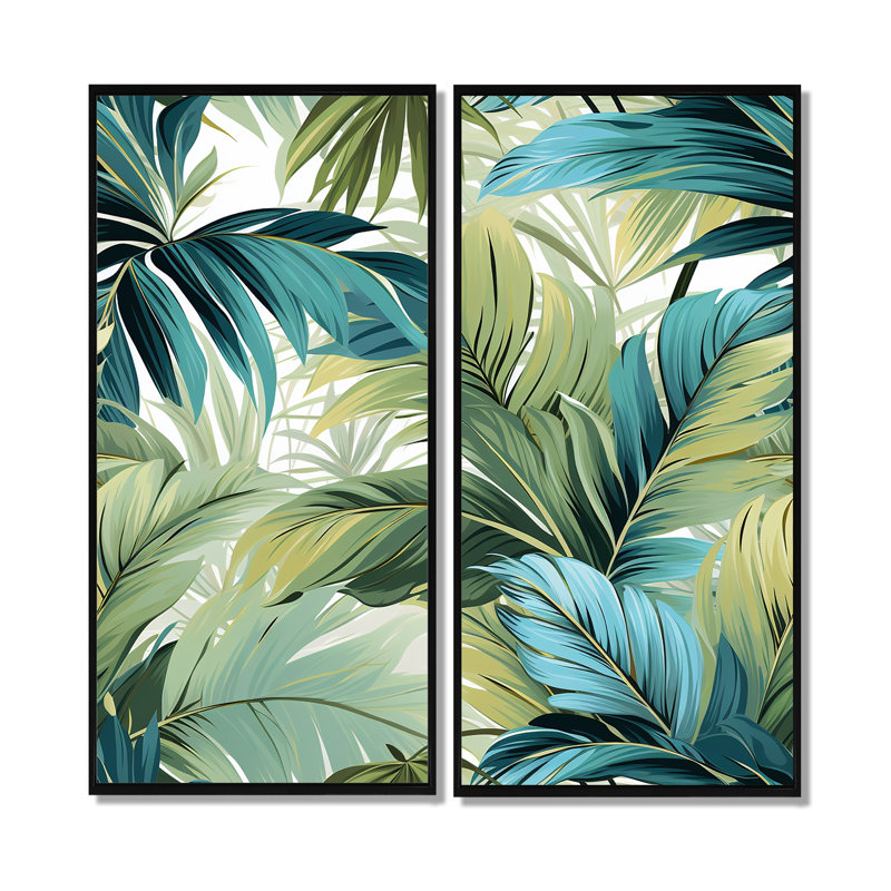 Palmier, motif tropical - art mural vert, H 20 po x l 24 po, Noir, Reproduction encadrée sans passe-partout
