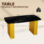 Table de salle à manger rectangulaire en verre trempé de style moderne, avec un design en marbre à la mode avec des pieds en métal à double piédestal, idéale pour les salles à manger et les bureaux à domicile.-129879064-129879065