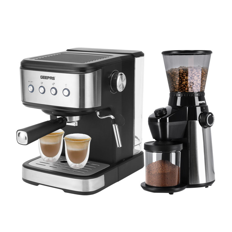 Geepas 1450W Espresso & Cappuccino Coffee Machine & Conical Burr Coffee Grinder Combo Set- Milk Frother, Coffee Grinder With 15 Precise Settings