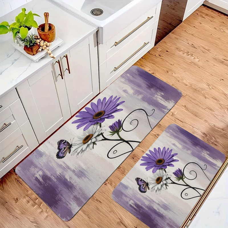 Marguerite mauve, ensemble de 2 tapis de cuisine, Mauve / marguerite grise