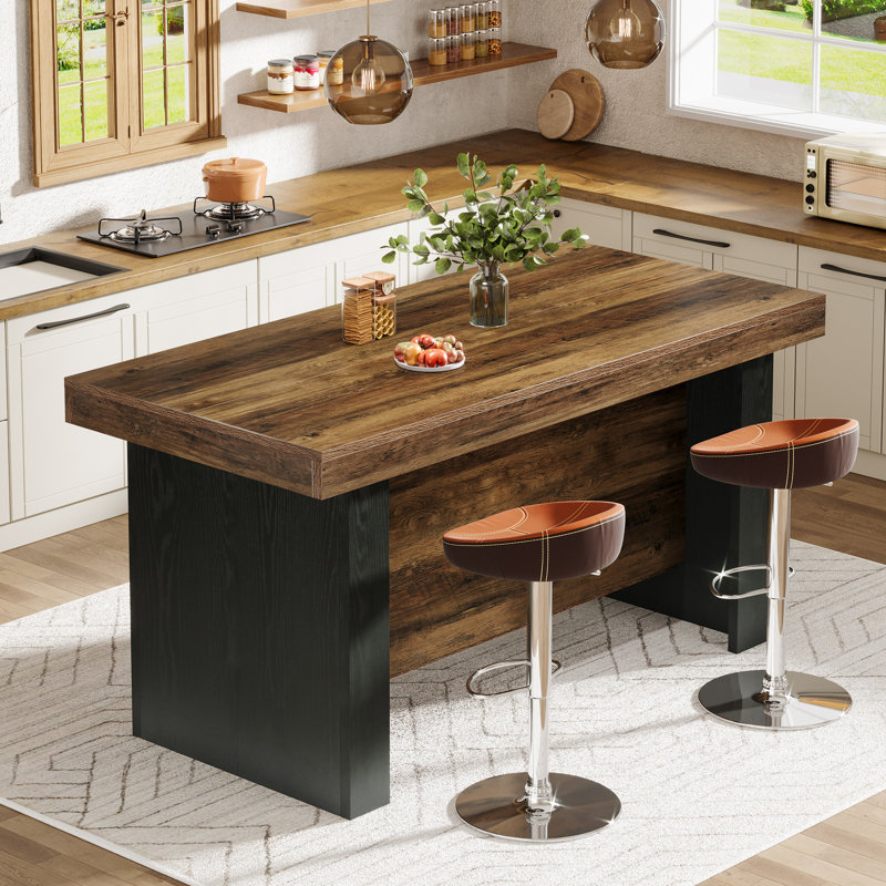 Îlot de cuisine 55 po avec rangement, Brun rustique, Noir