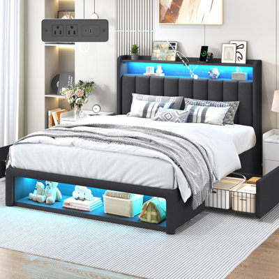 Modern RGB LED Lights Upholstered Platform Bed Frame with Wood Storage Headboard & USB Charging Ports, Noiseless Low Profile Footboard with Open Shelving. (Queen)