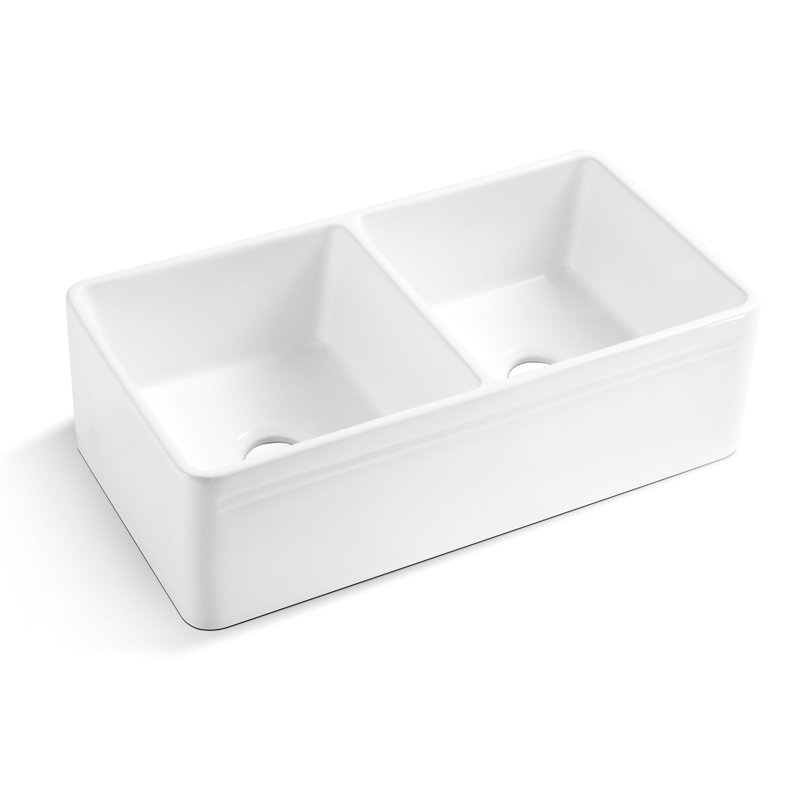 Évier avant à tablier en céramique blanche - Double cuve, encastré, 33 po x 18 po x 10 po, 93 lb, façade de cuisine, bol durable