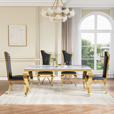 Luxurious Faux Marble Dining Table,70"Luxury Dining Room Table With Curved Cabriole Stainless Steel Legs For Home Office
