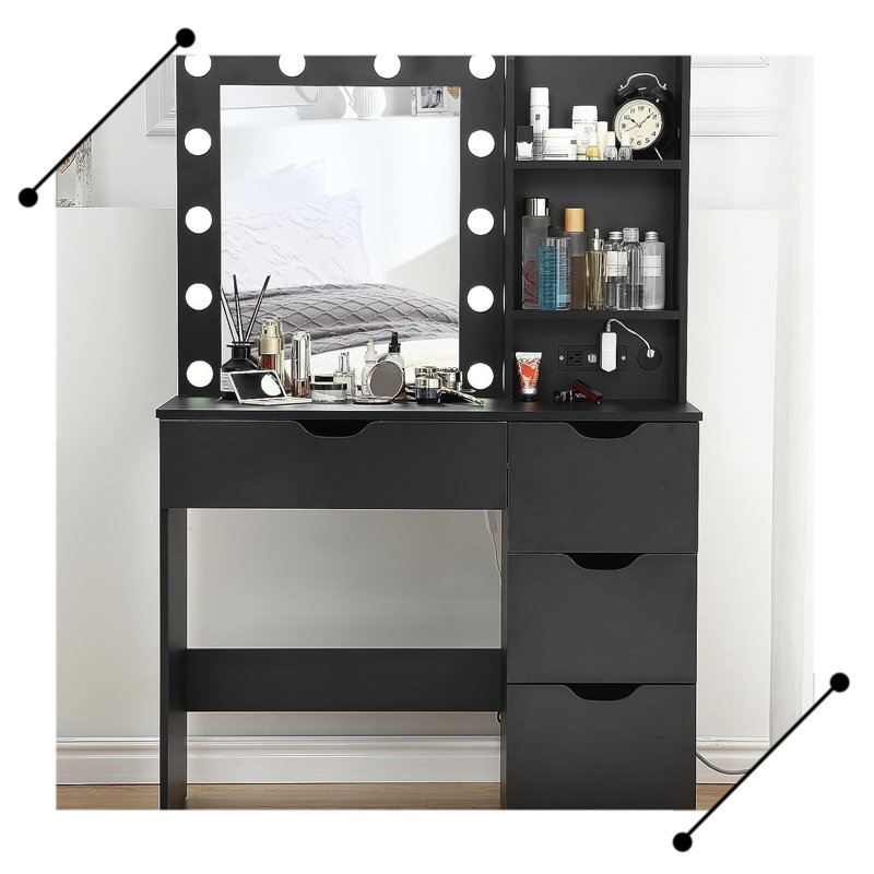 Vanity Desk with Mirror and Lights, Bedroom Makeup Vanity with 4 Drawers