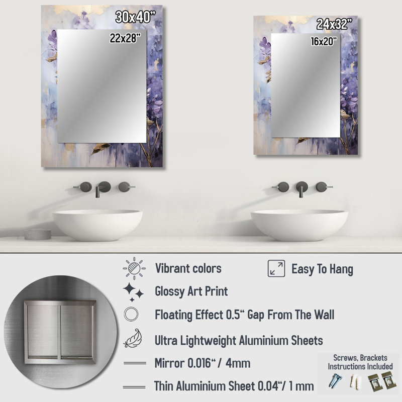 Mauve et doré pastel Lilac Dreams I - grand miroir lilas, miroir mural décoratif traditionnel, impression d'art en métal