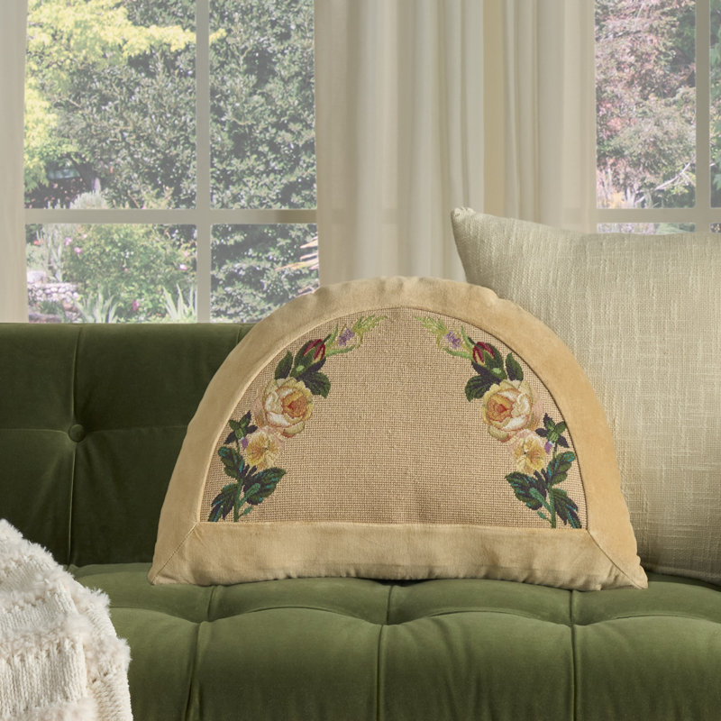 Mina Victory Vintage Pillow Rose Border 16" x 24" Beige Indoor Throw Pillow