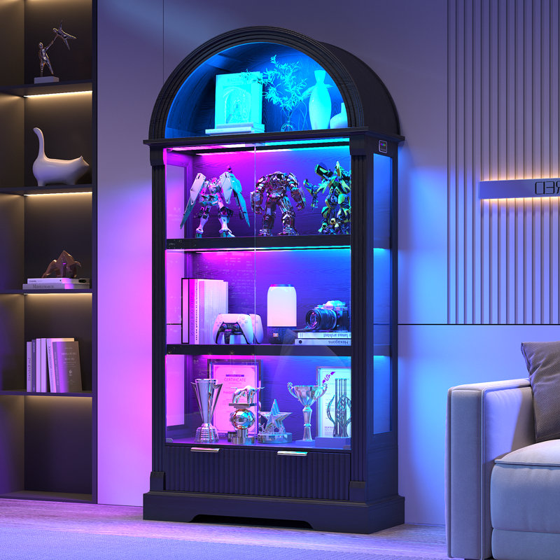 72" H  Arched Top Curio Cabinet with Glass Door,Display Cabinet with RGB, Black
