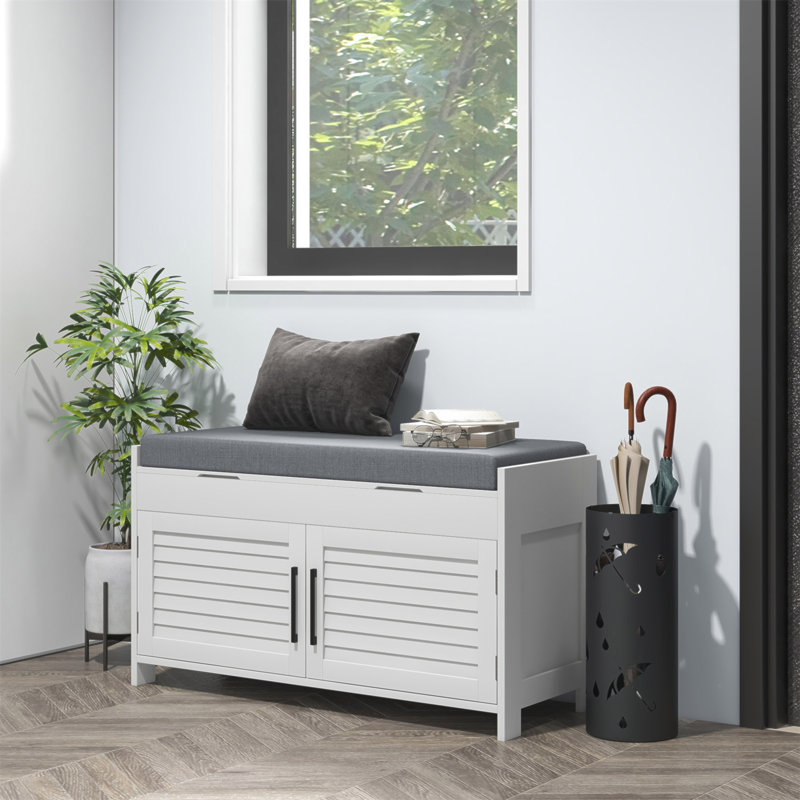 Banc à chaussures, banc de hall d'entrée avec rangement pour chaussures, coussin, compartiments cachés, tablettes réglables et portes à volets, organisateur de chaussures 35,4 po pour vestibule, couloir, peut supporter jusqu'à 352 lb.
